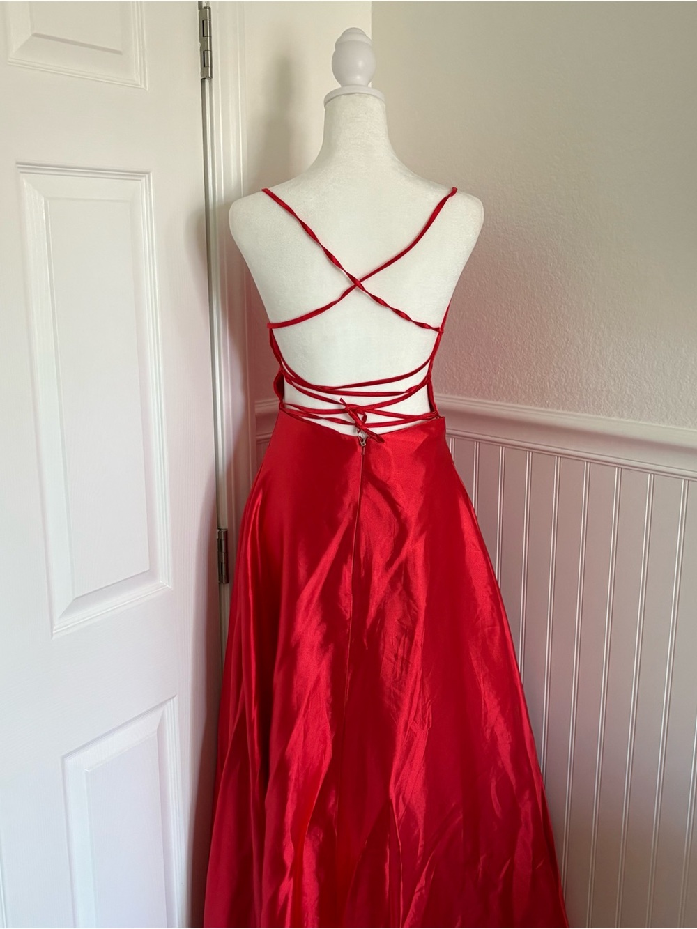 Red Satin A-Line Spaghetti Strap Evening Gown with Criss Cross Back - Picture 6 of 9